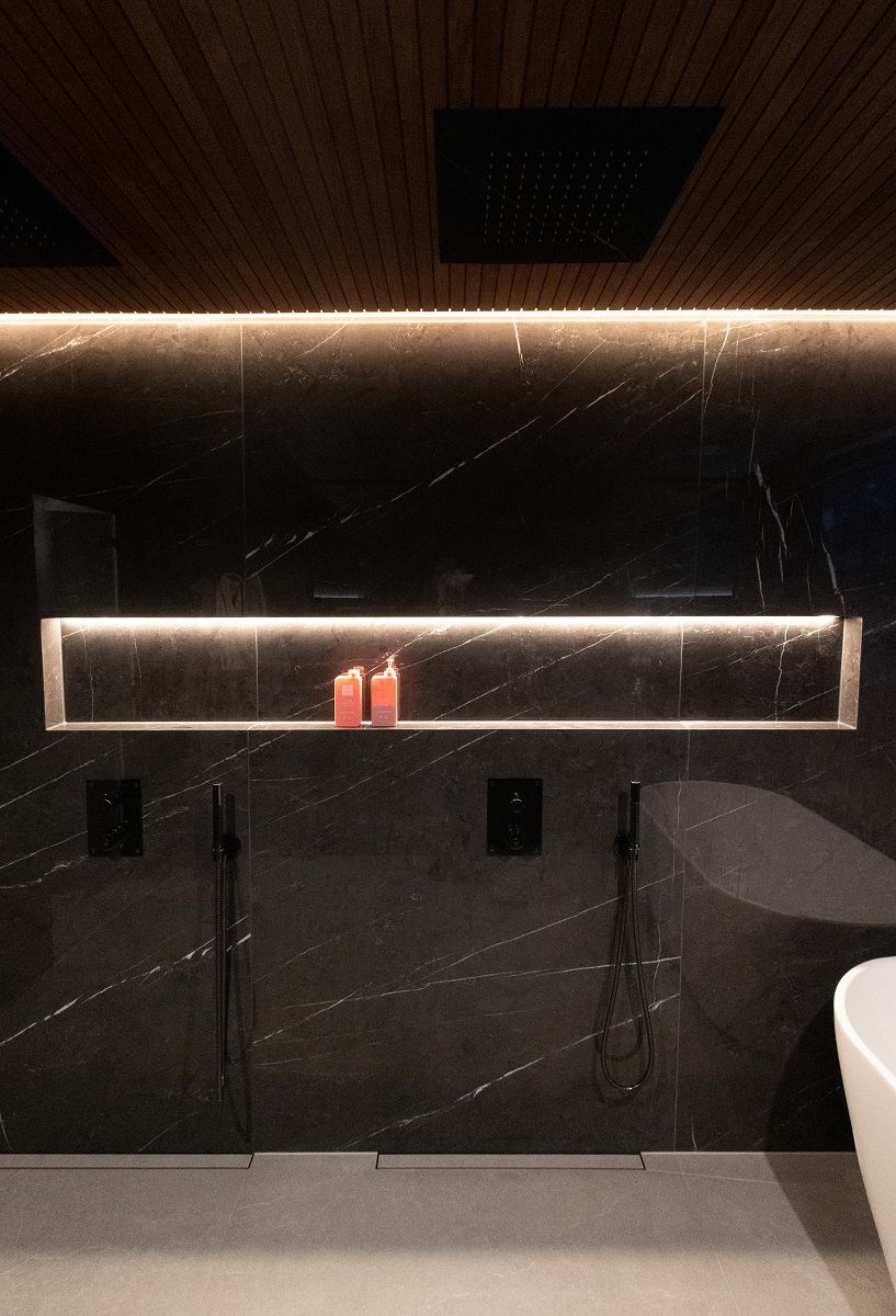 Shampoo shelf and ceiling border illuminated by led strip. LedStore.fi